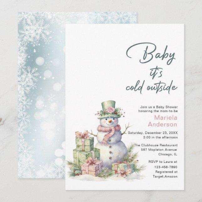 Invitation Hiver Joyeux Noël Snowman Aquarelle Baby Sho (Devant / Derrière)