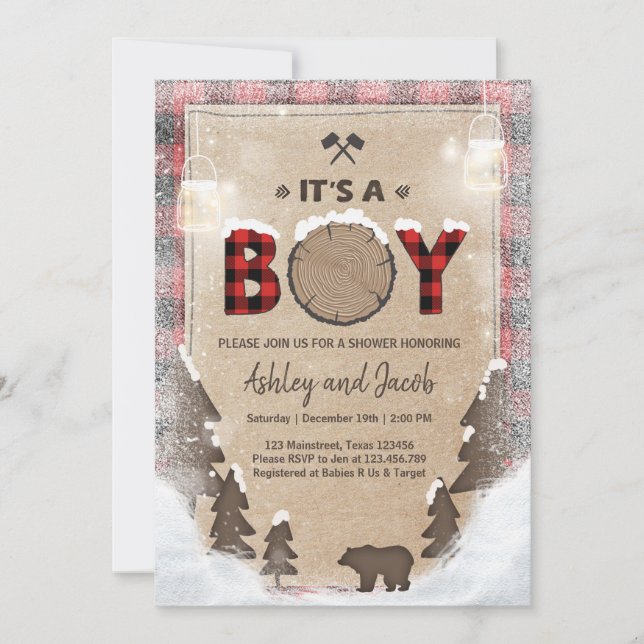 Invitation Hiver Lumberjack Baby shower Russe garçon Plaid (Devant)