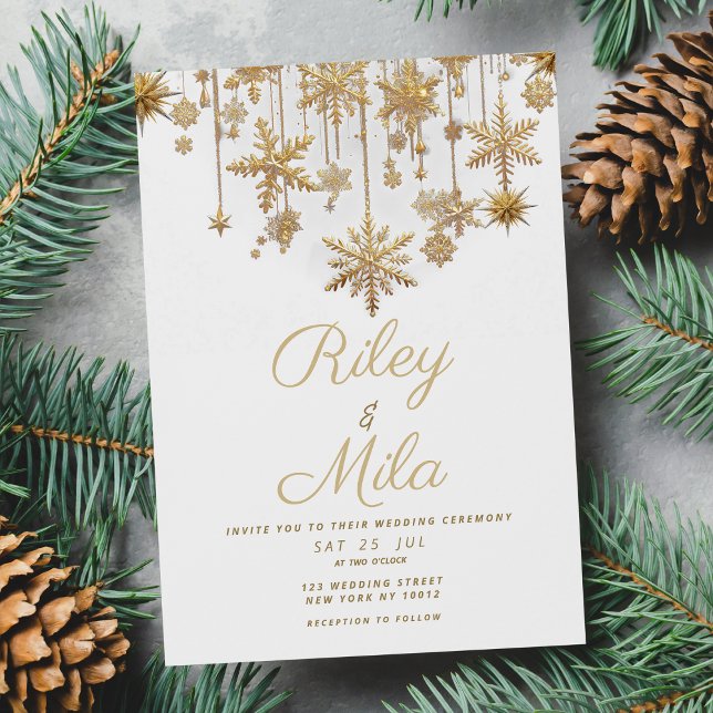 Invitation Hiver merveilleux blanc or Mariage de flocon de ne (Winter wonderland white gold snowflake Wedding )