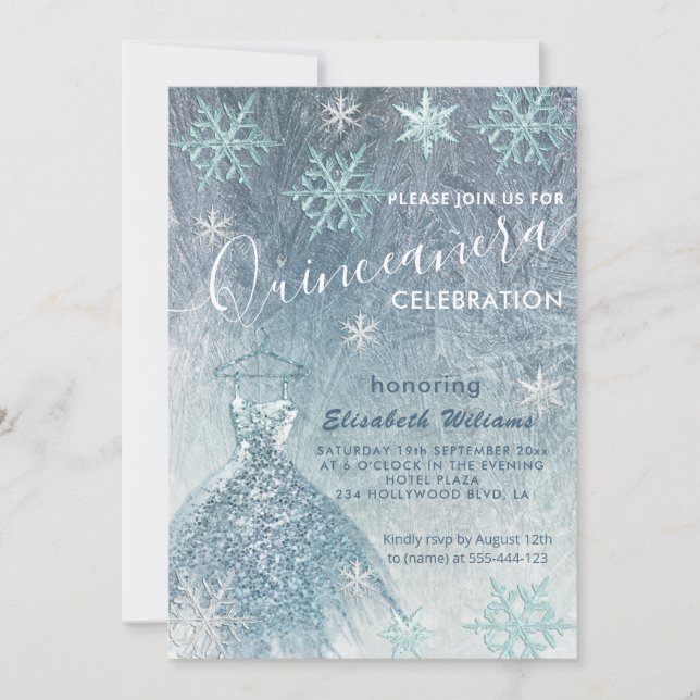 Invitation Hiver merveilleux bleu robe gliterie Quinceañera (Devant)