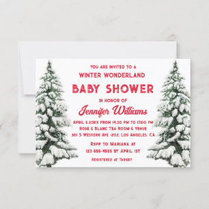 Invitation hiver merveilleux enneigé pins baby shower rouge