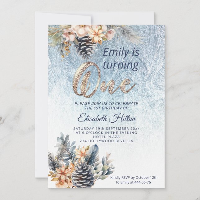 Invitation Hiver moderne gel premier anniversaire floral (Devant)