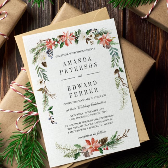 Invitation Hiver mystique | Mariage floral (WINTER FLOWER BERRIES PINECONES POINSETTIA formal wedding invitation. CHRISTMAS TIME CELEBRATION)