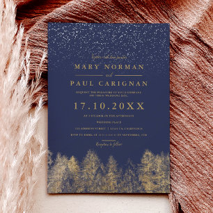 Invitation Hiver neige marine pins bleus mariage de forêt