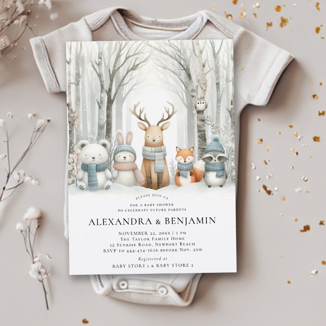 Invitation Hiver Neige mûre Bois Animaux Baby shower de lit (winter baby shower invitation neutral white wonderland enchanted forest woodland animals coed cute)