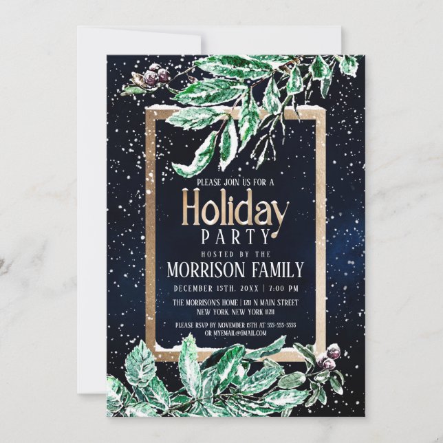 Invitation Hiver Neige Or Marine Levier Aquarelle Vacances (Devant)
