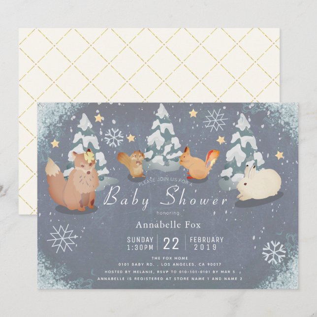Invitation Hiver Nuit étoile Bois Baby shower Animaux (Devant / Derrière)