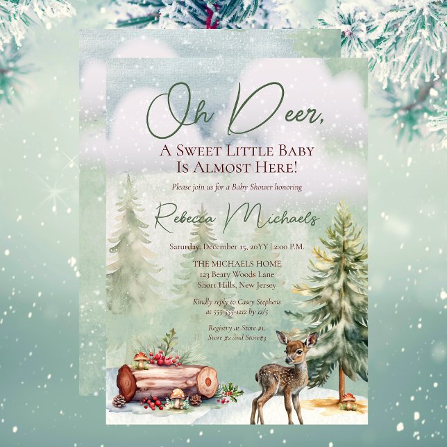 Invitation Hiver Oh Deer Un Petit Baby shower Sucré ("Oh Deer, A Sweet Little Baby Is Almost Here!" Gender Neutral Deer Fawn Winter-Themed Baby Shower)