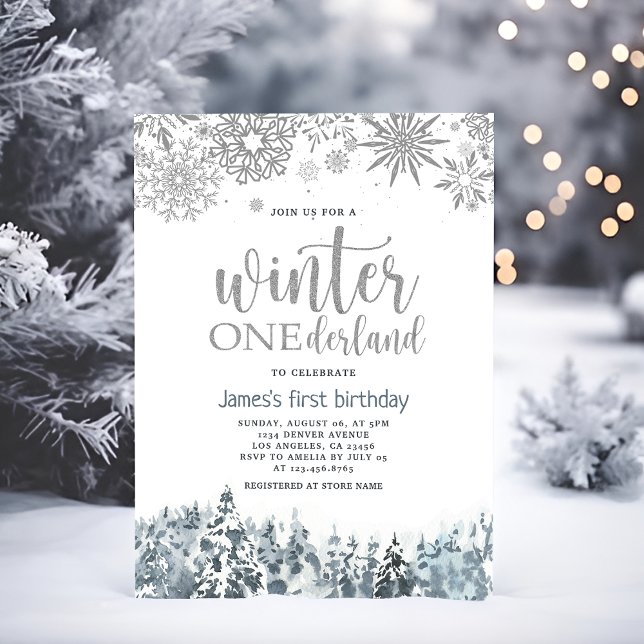 Invitation Hiver Onderland Silver Snowflakes 1er anniversaire (Créateur téléchargé)