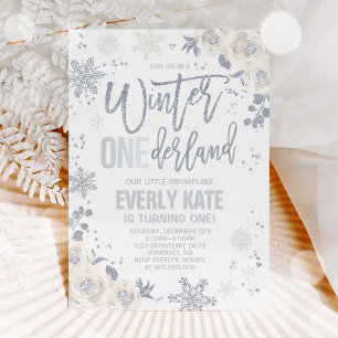 Invitation Hiver ONE derland Anniversaire Blanc Et Argent Flo