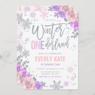 Invitation Hiver ONE derland Anniversaire Silver Pink Snowfla