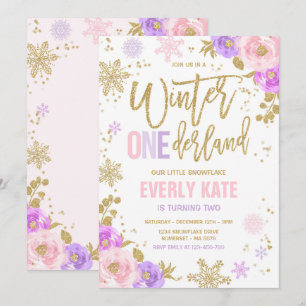 Invitation Hiver ONE derland Anniversaire Snowflake rose or