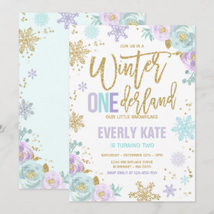 Invitation Hiver ONE derland Anniversaire Snowflake violet d'