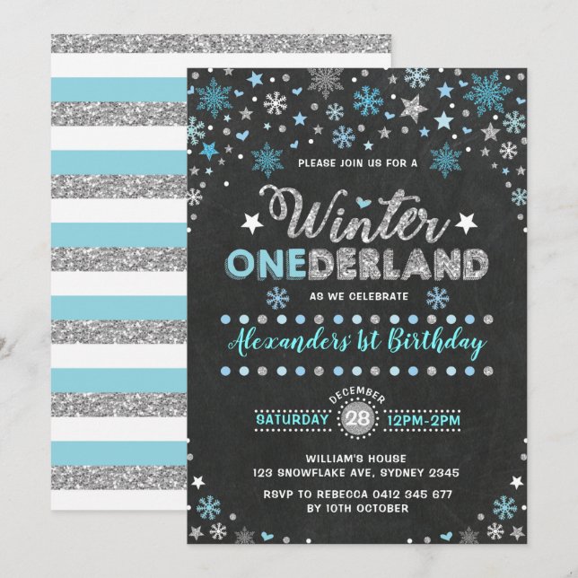 Invitation Hiver ONE derland Blue Silver Snowflakes Anniversa (Devant / Derrière)