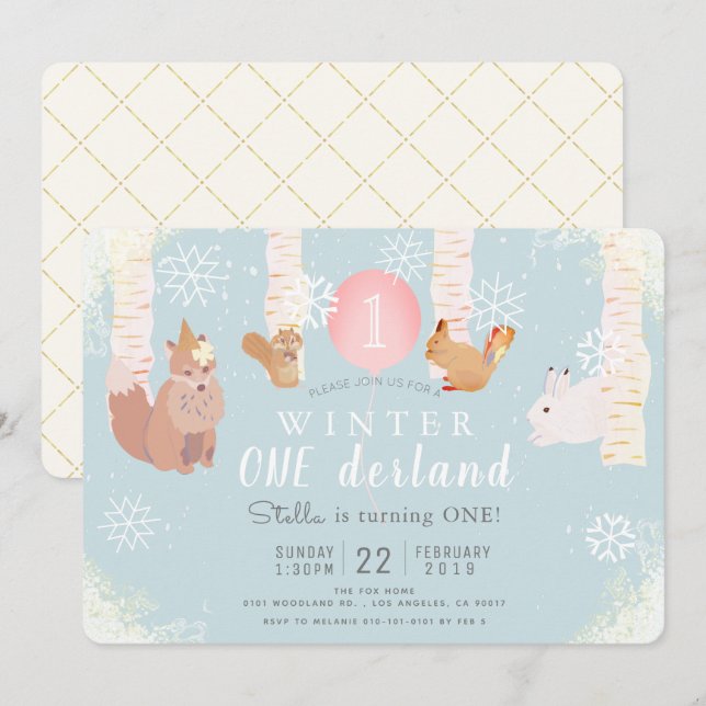 Invitation Hiver ONE derland Bois Animaux Anniversaire (Devant / Derrière)