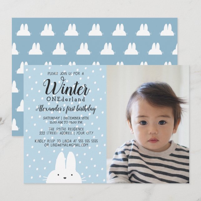 Invitation Hiver ONE derland Boy Photo 1er anniversaire Bleu (Devant / Derrière)