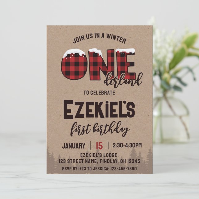 Invitation Hiver ONE derland Buffalo Plaid Anniversaire fête (Debout devant)