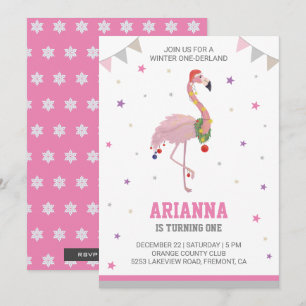 Invitation Hiver ONE derland Flamant rose rose 1ère fille Ann