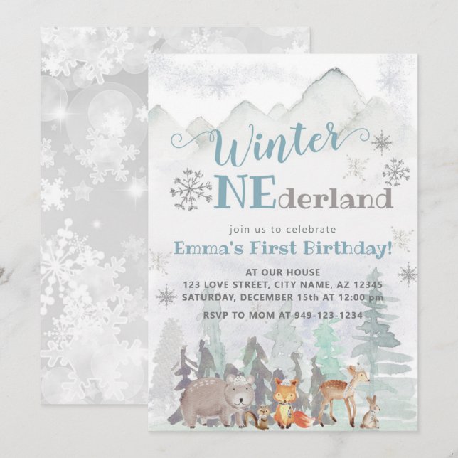 Invitation Hiver ONE derland Forêt forestière Animaux Anniver (Devant / Derrière)