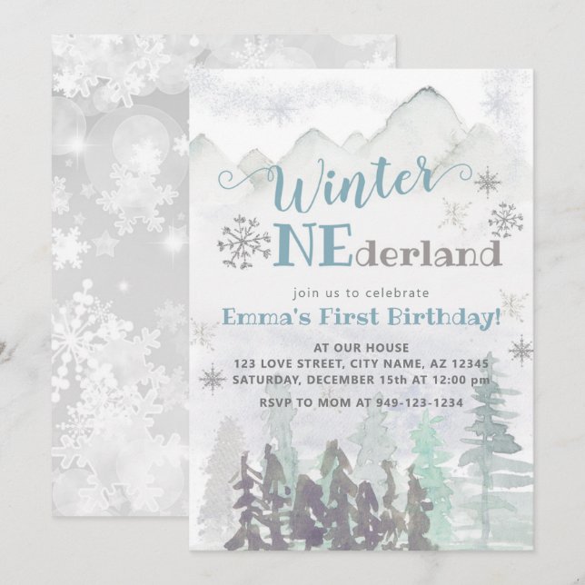Invitation Hiver ONE derland Forêt forestière Anniversaire (Devant / Derrière)
