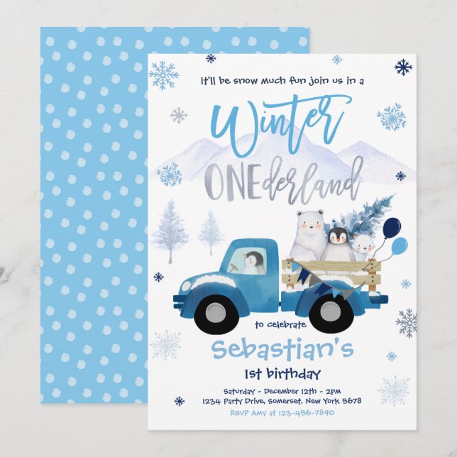 Invitation Hiver ONE derland Penguin Ours polaire Anniversair (Devant / Derrière)