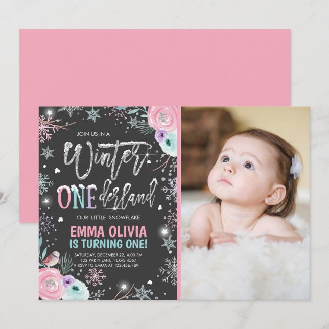 Invitation Hiver ONE derland Pink Silver 1er anniversaire (Devant / Derrière)
