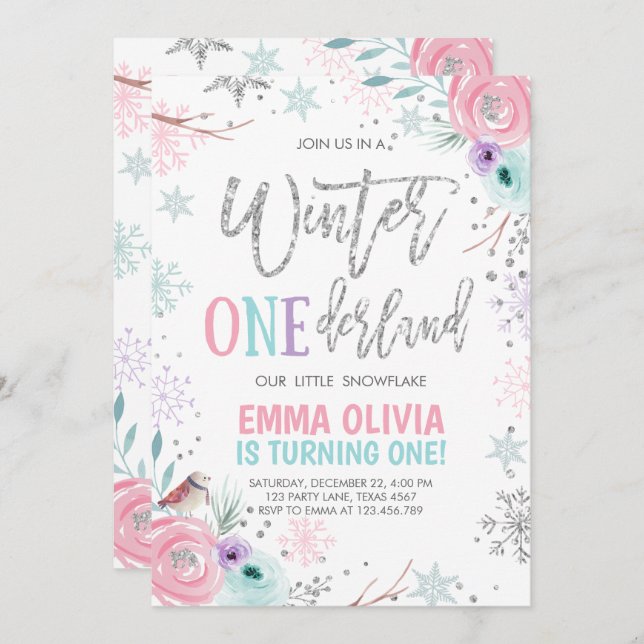 Invitation Hiver ONE derland Pink Silver Premier anniversaire (Devant / Derrière)