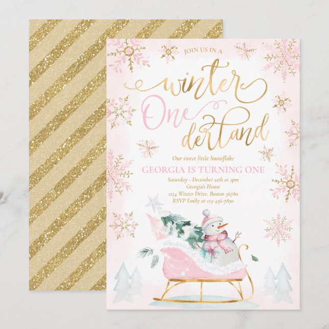Invitation Hiver ONE derland Pink Winter Sleigh 1er anniversa (Devant / Derrière)