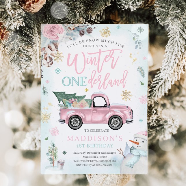 Invitation Hiver ONE derland Pink Winter Truck Snowman Party (Créateur téléchargé)
