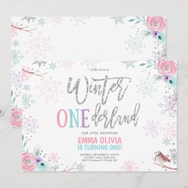 Invitation Hiver ONE derland rose argent fleuri 1er anniversa (Devant / Derrière)