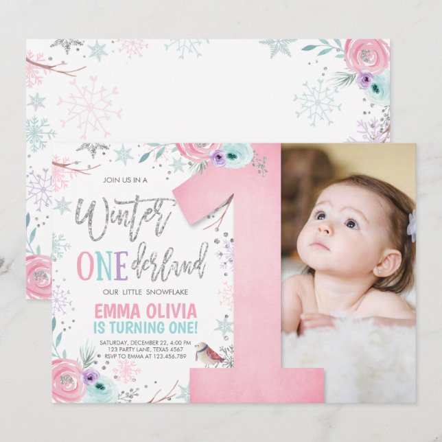 Invitation Hiver ONE derland rose argent fleuri 1er anniversa (Devant / Derrière)