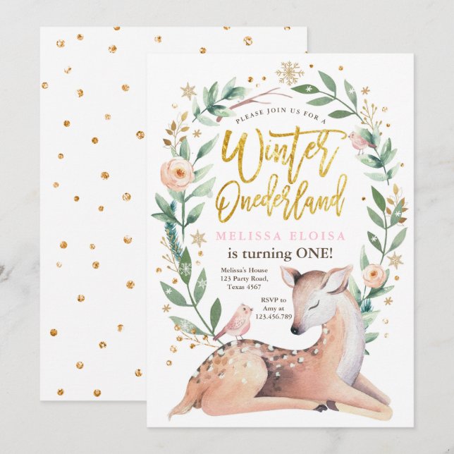 Invitation Hiver ONE derland Rose Gold Girl Deer Anniversaire (Devant / Derrière)