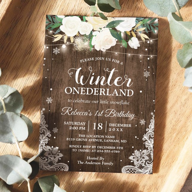 Invitation Hiver ONE derland Rustique Floral Baby 1er anniver (Créateur téléchargé)
