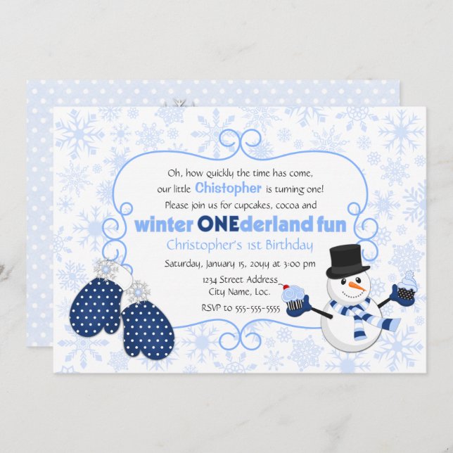 Invitation Hiver ONE derland Snowman Anniversaire (Devant / Derrière)