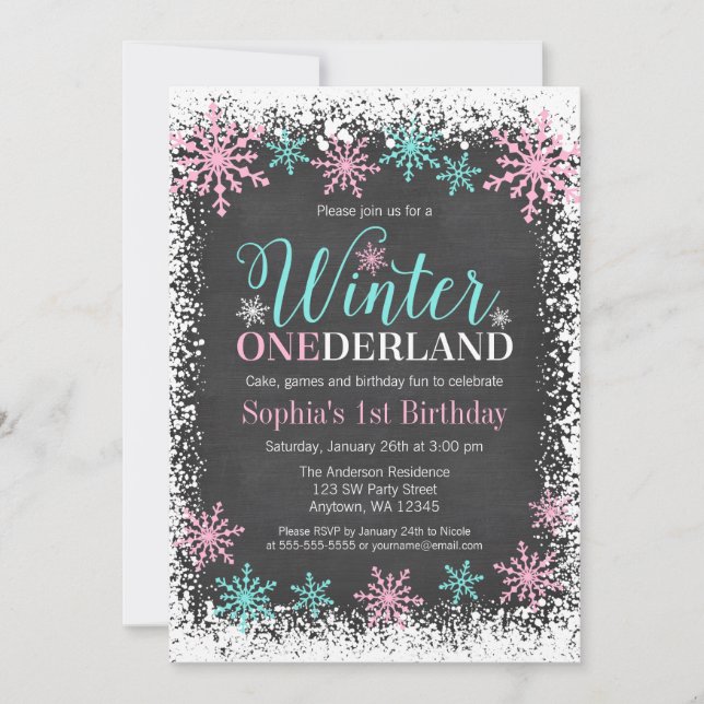 Invitation Hiver ONE derland Turquoise Chalkboard 1er anniver (Devant)