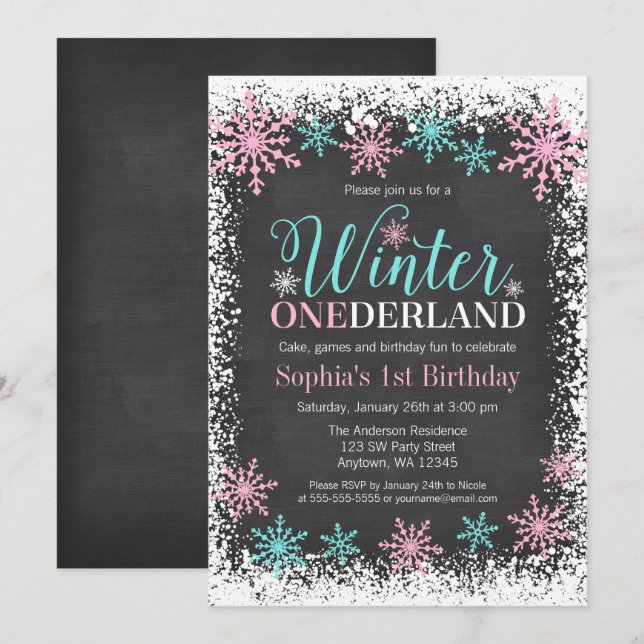 Invitation Hiver ONE derland Turquoise Chalkboard 1er anniver (Devant / Derrière)