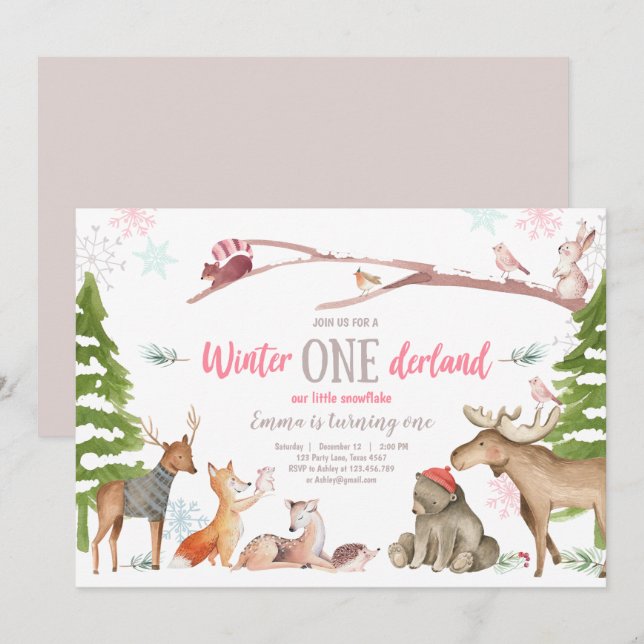 Invitation Hiver ONE derland Woodland Pink Anniversaire (Devant / Derrière)