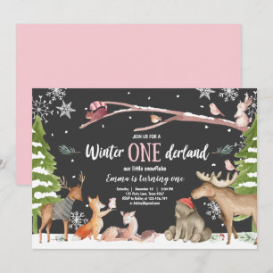 Invitation Hiver ONE derland Woodland Pink Anniversaire