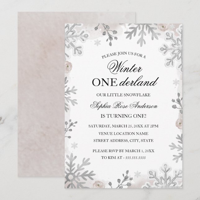 Invitation Hiver Onederland 1er Anniversaire Blush Snowflake (Devant / Derrière)