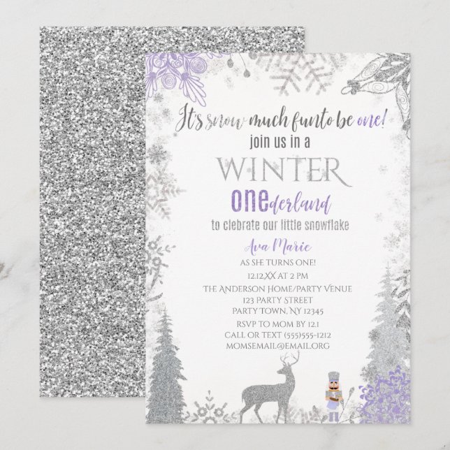 Invitation Hiver Onederland 1er Anniversaire Lavande Snowflak (Devant / Derrière)