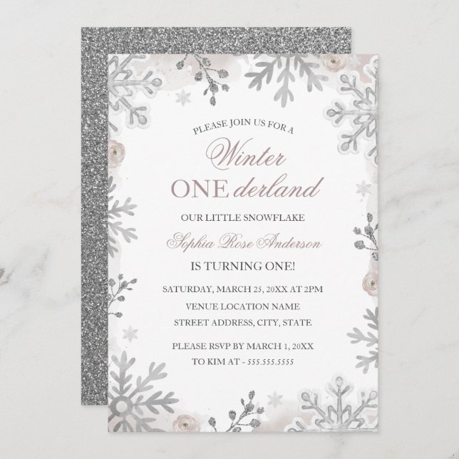 Invitation Hiver Onederland 1er anniversaire Silver Snowflake (Devant / Derrière)