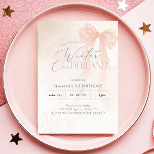 Invitation Hiver Onederland Arc-en-ciel Aquarelle Rose 1er An