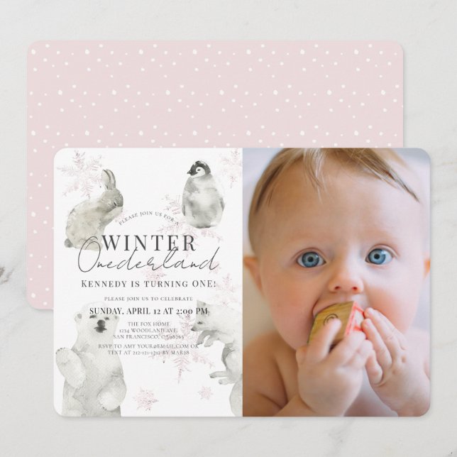 Invitation Hiver Onederland Arctic Animaux Fille 1er annivers (Devant / Derrière)