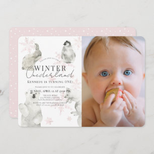 Invitation Hiver Onederland Arctic Animaux Fille 1er annivers