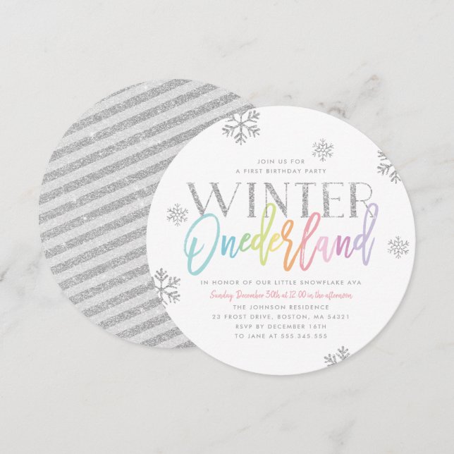 Invitation Hiver ONEderland Argent Arc-en-ciel 1er anniversai (Devant / Derrière)