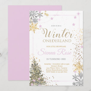 Invitation HIVER ONEderland Argent rose & Or 1er anniversaire