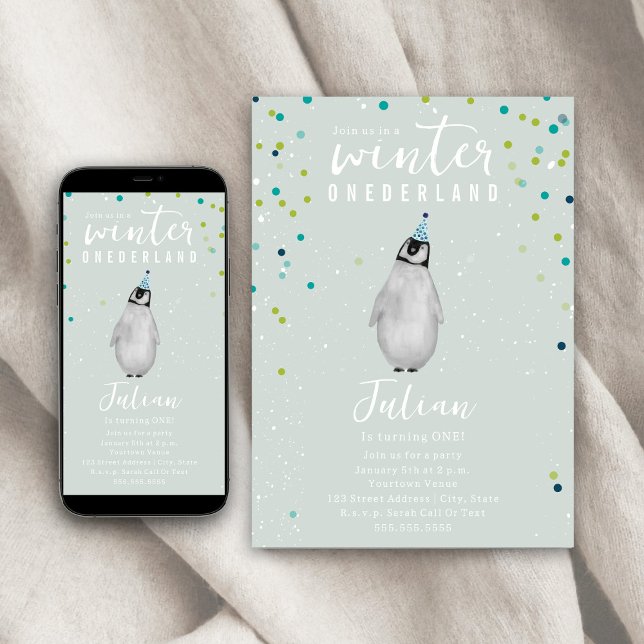 Invitation Hiver Onederland Blue Anniversaire Penguin Confett (Créateur téléchargé)