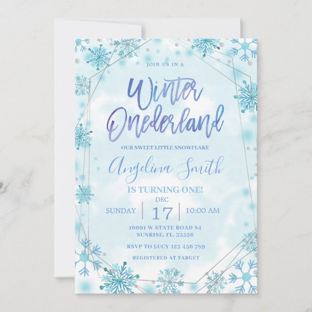 Invitation Hiver Onederland Blue Snowflake Anniversaire (Devant)