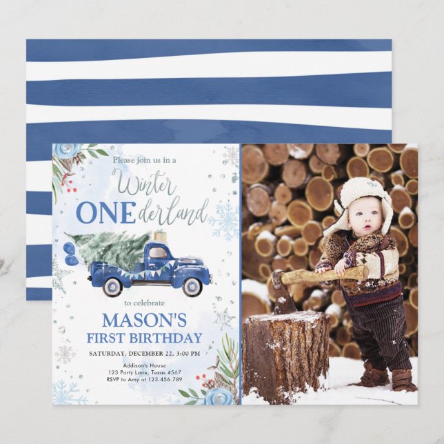 Invitation Hiver Onederland Blue Truck Boy Premier anniversai (Devant / Derrière)