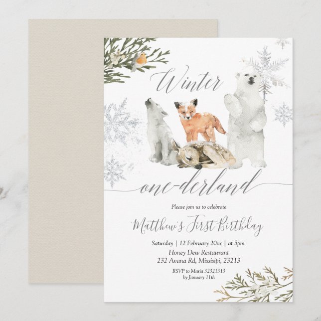 Invitation Hiver Onederland Bois Animaux Anniversaire (Devant / Derrière)